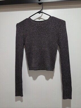 Shimmer Ribbed Long Sleeve Crop Top - Metallic Charcoal